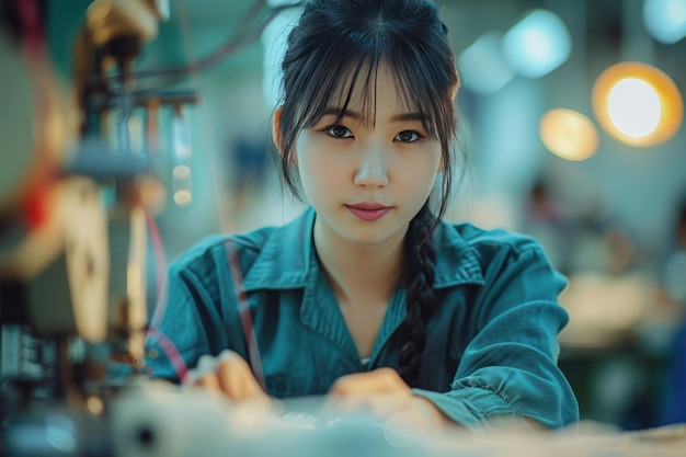 Asian seamstress in textile factory sewing Ai generative