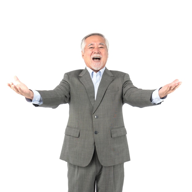 Asian senior businessman old man with suit cheerful smiling man with open arms greeted him in a friendly and confident concept for senior business success