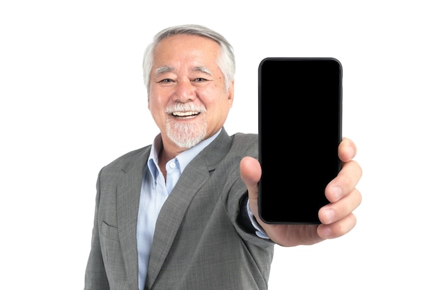 Asian senior businessman old man with suit feel happy good health showing big smart phone with blank screen white screen isolated on white background Mock Up Image