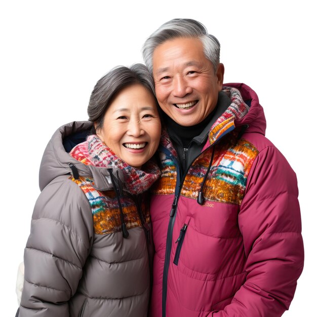 An asian senior couple in full color winter clothes isolated on white or transparent background