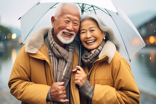 アジアの高齢夫婦が冬の雨の日 ⁇ 路上で傘を握っています ⁇ 