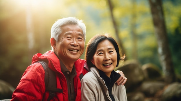 Asian senior couple smiling happy and travel together