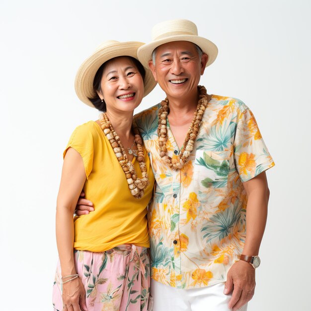 Asian senior couple in vacation clothes isolated on white or transparent background AI Generated