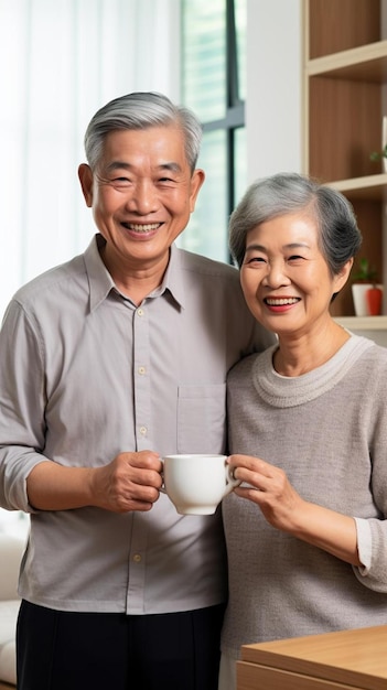 사진 아시아 노인 커플이 집에서 주방에서 우유 한 잔을 마시고 매력적인 노인