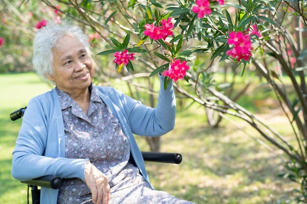 Asian senior or elderly old lady woman holding red flower smile and happy in the sunny garden