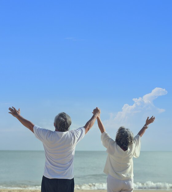 アジアのシニア愛のカップルは、ビーチで旅行します。夏休みの定年家族のリラックスとレクリエーション。