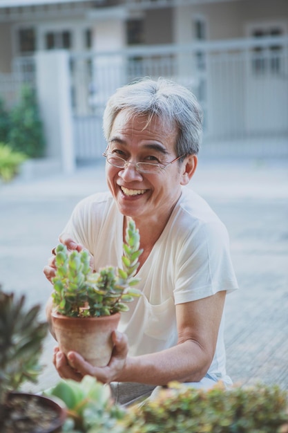 Фото Азиатский пожилой мужчина держит в руке горшок с сочными растениями и смеется от счастья