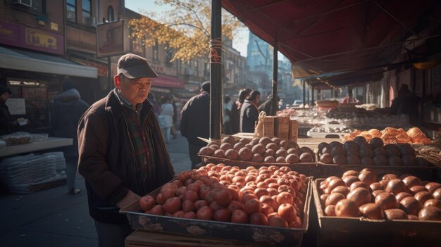 Asian senior man shopping at street market