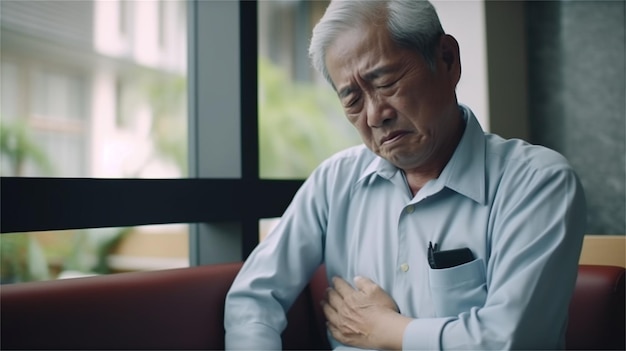 Азиатский пожилой мужчина, страдающий сердечным приступом или болью в груди в своем доме