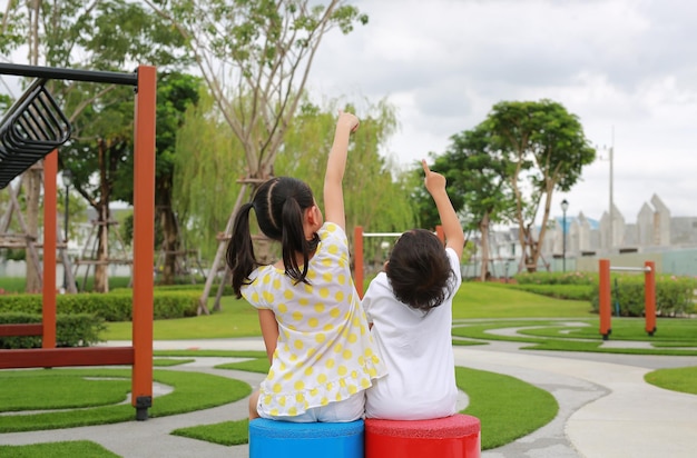 公園にいる間見上げることを指して庭で弟と一緒に座っているアジアの妹背面図