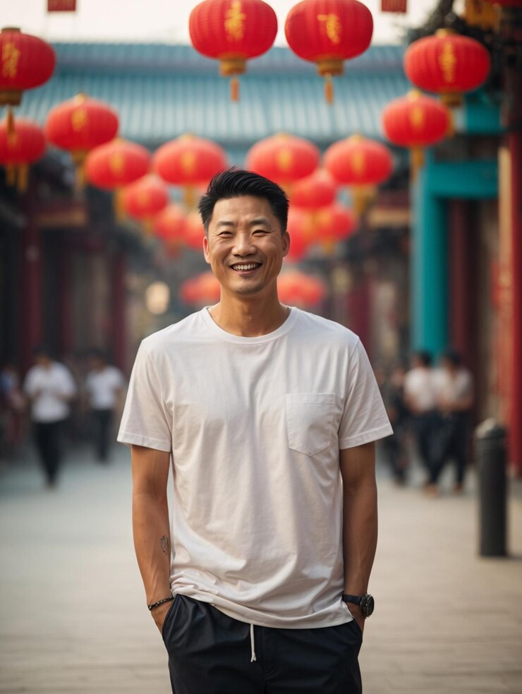 Photo asian smiling man in a white tshirt