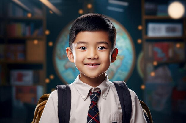 asian smiling schoolboy with a backpack on his back