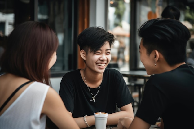 An Asian smiling teenager adolescent spending time with friends engaged in conversation