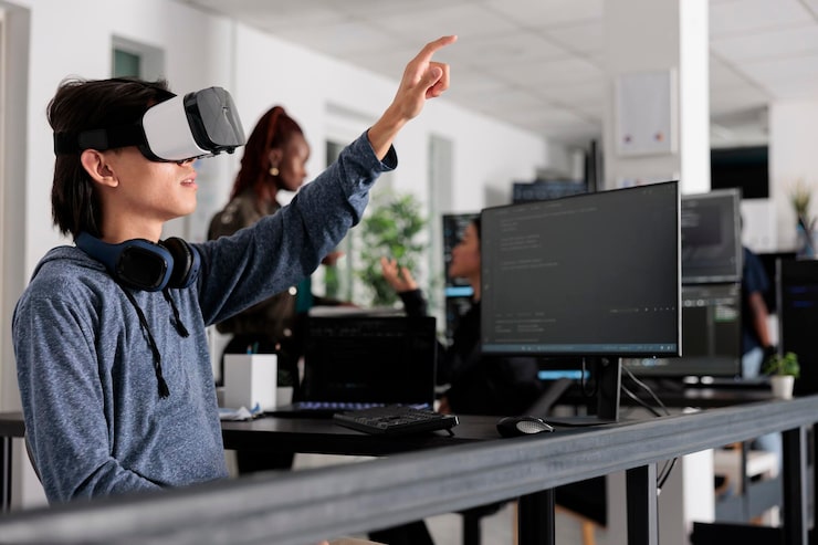 Photo asian software developer using virtual reality goggles to code new server interface, analyzing script information on terminal window. coder programming it database for internet software with vr headse