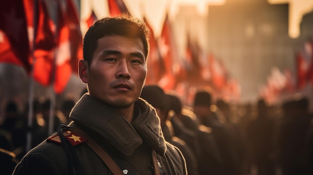 Asian soldier against the background of military equipment