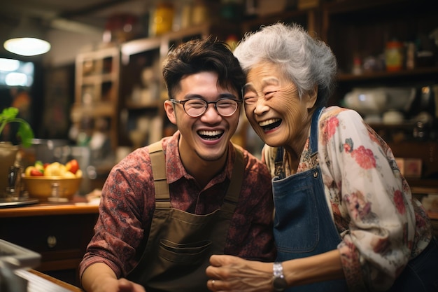 Asian son and mother in their own store