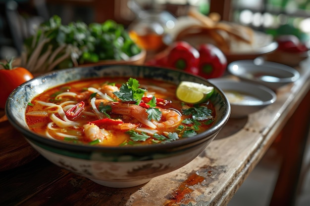 Asian soup with seafood tom yam soup with shrimp in bowl