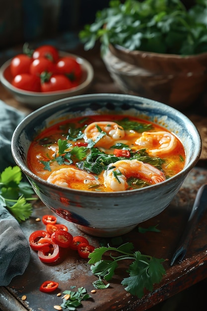 Азиатский суп с морепродуктами, суп том ям с креветками в миске