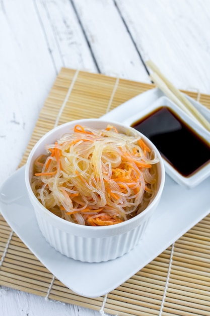 Asian spicy salad of glass noodles or funchoza with carrots