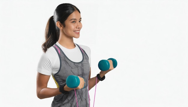 asian sport girl on the left with weights dumbbells skipping rope