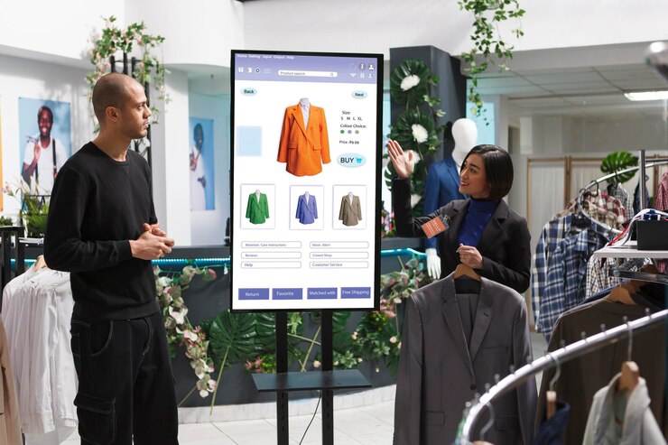 Photo asian store assistant showcasing items to man in front of self service kiosk selecting fashion collection clothes from clothing boutique caucasian customer discussing products with female employee
