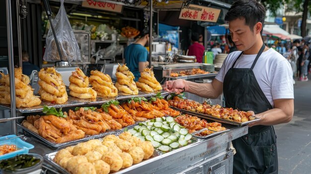 Asian Street Food Vendor Selling Deep Fried Snacks | Premium AI