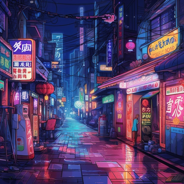 Premium AI Image | Asian street at night illustration