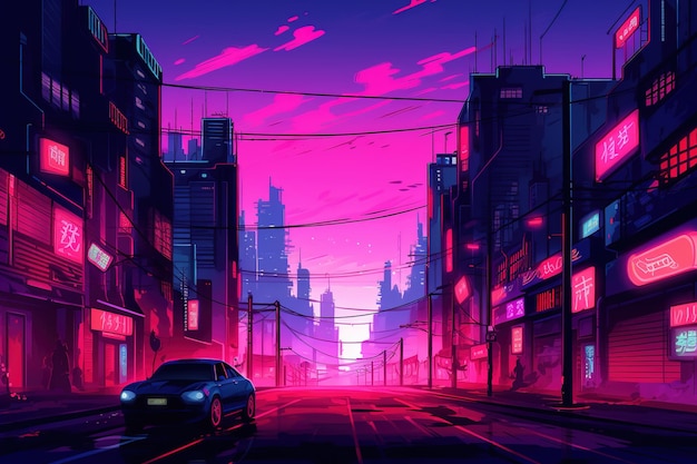 Asian street at night illustration