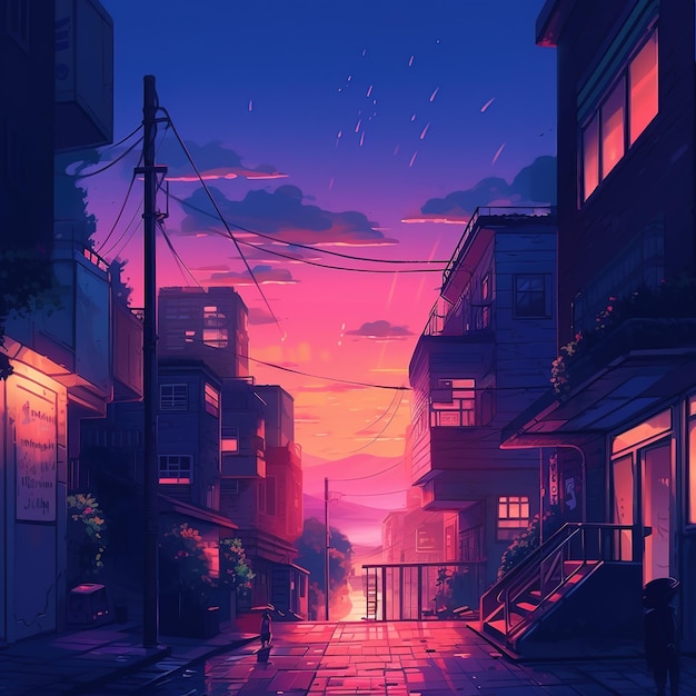 夜のアジアの街のイラスト