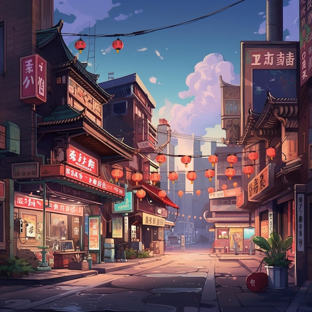 Asian street at night illustration