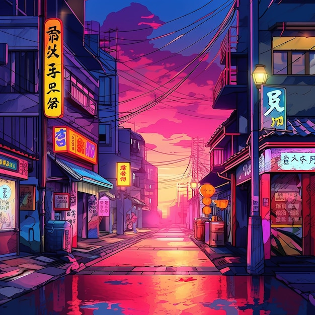 夜のアジアの街のイラスト