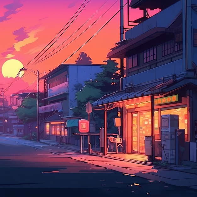 Asian street at night illustration