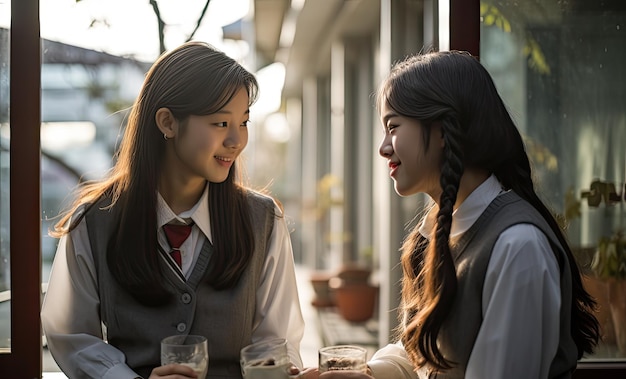 Asian student girls interacting between each other at school Generative AI