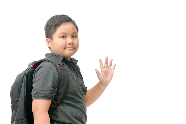 Asian student waving goodbye isolated 