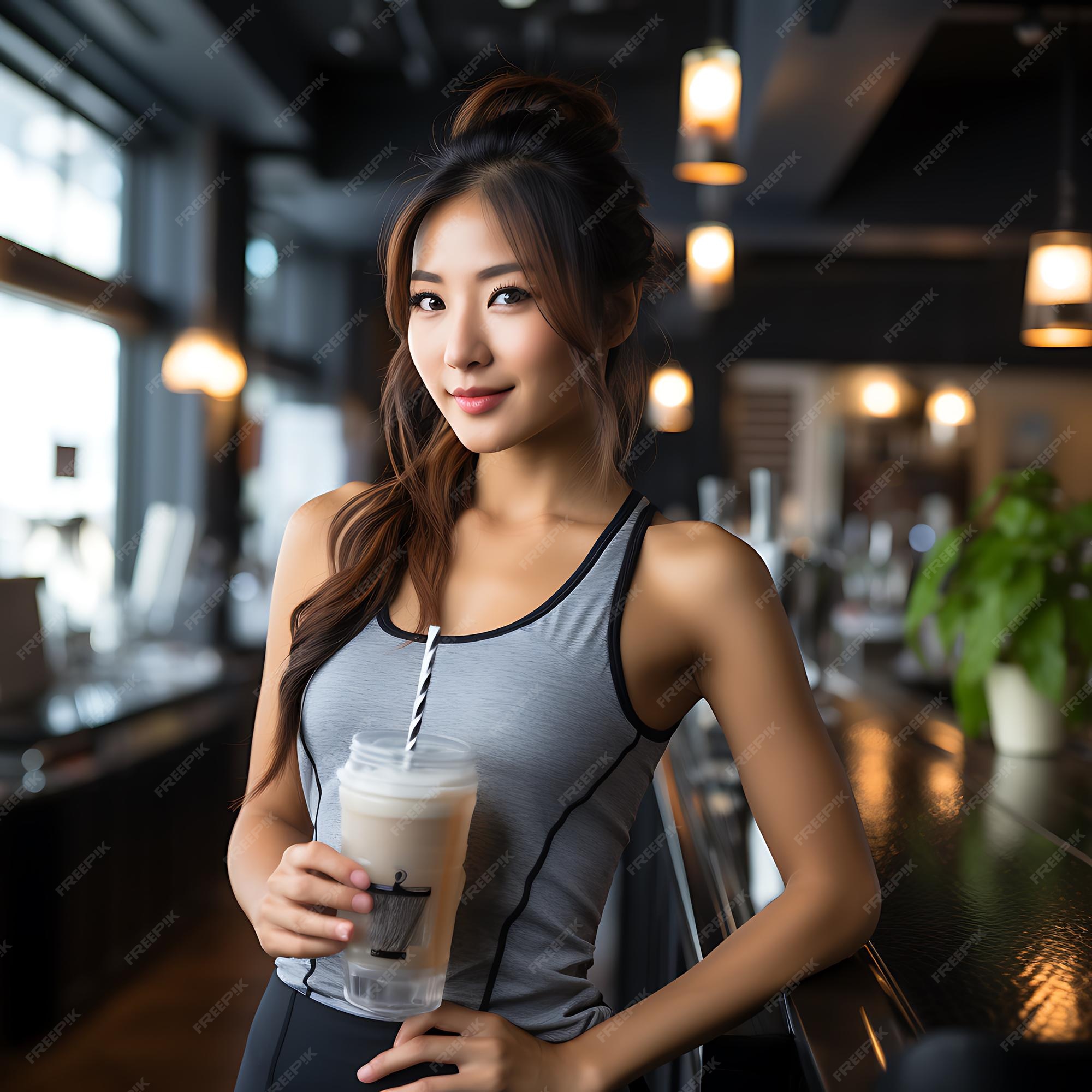 Premium Photo An asian stunning girl in fitness gym drinking whey protein