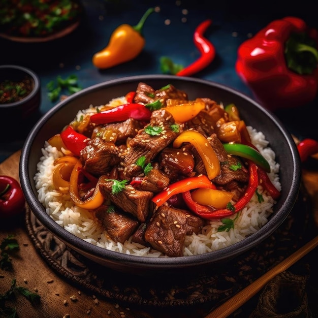 Asian style beef stir fry with sweet pepper and rice selective focus