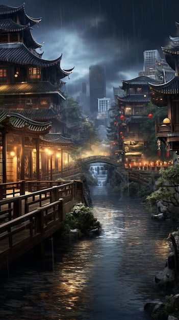Фото Здания в азиатском стиле и ручей в ночном городе генеративный ии