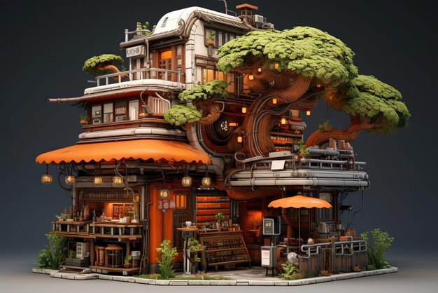 An asian style cafe building in a 3d model