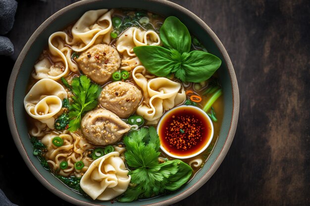 Premium AI Image | Asian style egg noodles with vegetable and pork