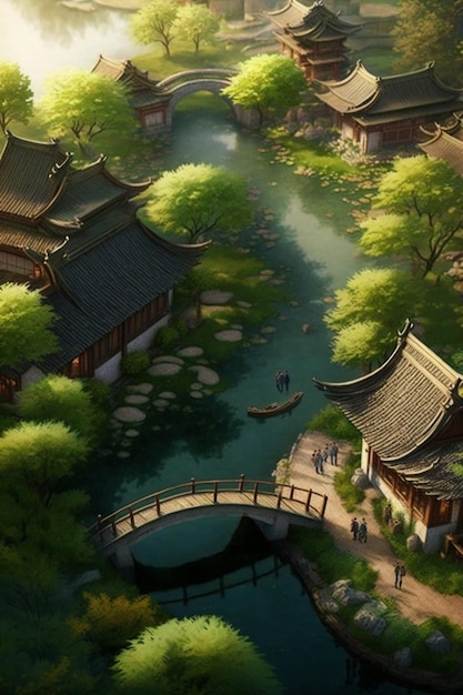 Asian style landscape with a bridge and over river generative ai