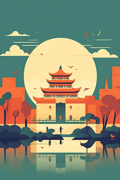 Asian style poster flat illustration AI Generated illustration