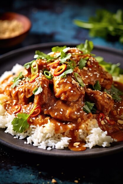 asian style spicy peanut butter chicken served over rice