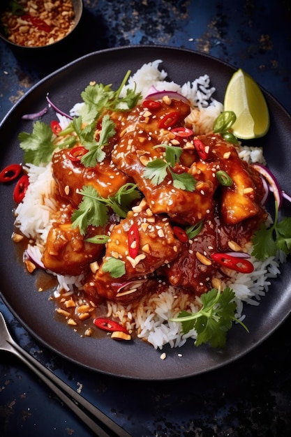 asian style spicy peanut butter chicken served over rice