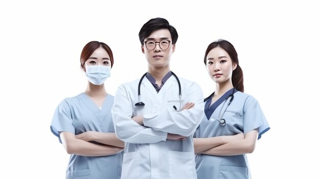 Руки в униформе команды азиатских хирургов скрещены изолированно на белом