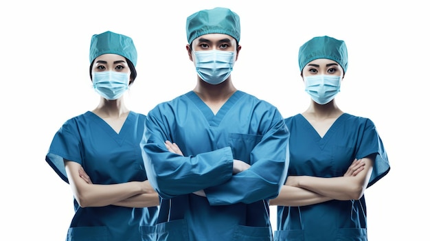 Asian Surgeons team uniform arms crossed isolated on white