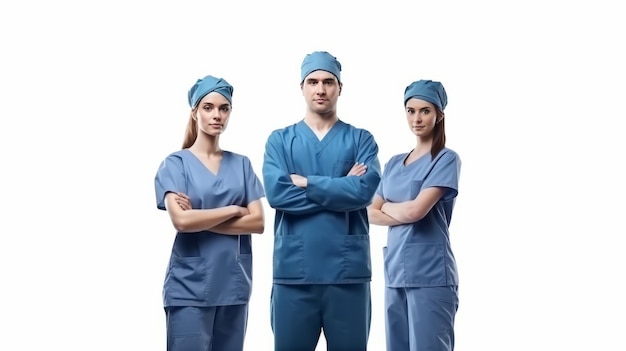 Asian Surgeons team uniform arms crossed isolated on white