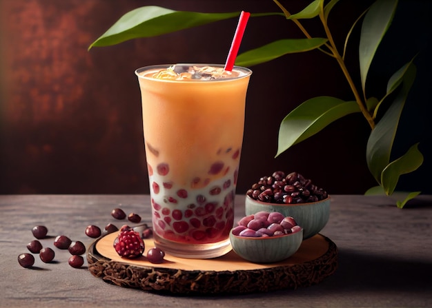 Asian sweet drink tea jelly and red bean iced