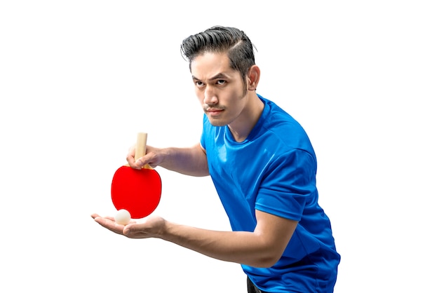 Asian table tennis player man in serving position