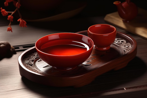 Asian tea ceremony closeup drink in mugs on a wooden board Generative AI