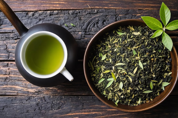 Photo asian tea ceremony grunge teapot with dry leaf bowl on black background